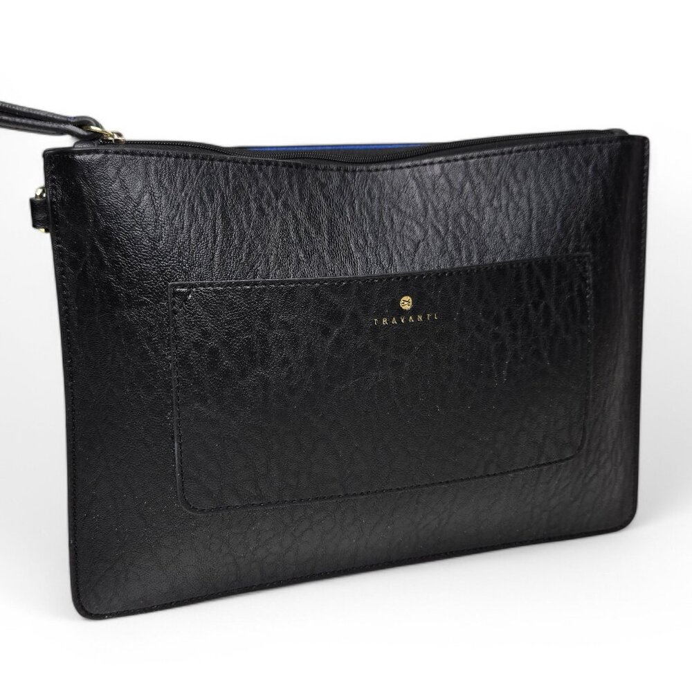 Travanti Black Vegan Leather Flat Clutch Bag Zip‎ Pouch Black Travel